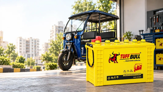 Tuff Bull e-rickshaw battery displayed beside a blue electric rickshaw at a service center