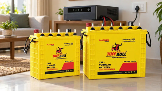 Tuff Bull 150Ah and 200Ah tall tubular inverter batteries placed beside a home inverter system