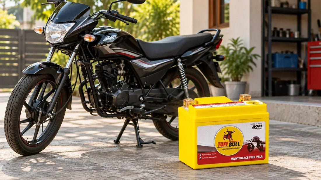 Tuff Bull two-wheeler battery displayed beside a black commuter motorcycle outside a home garage