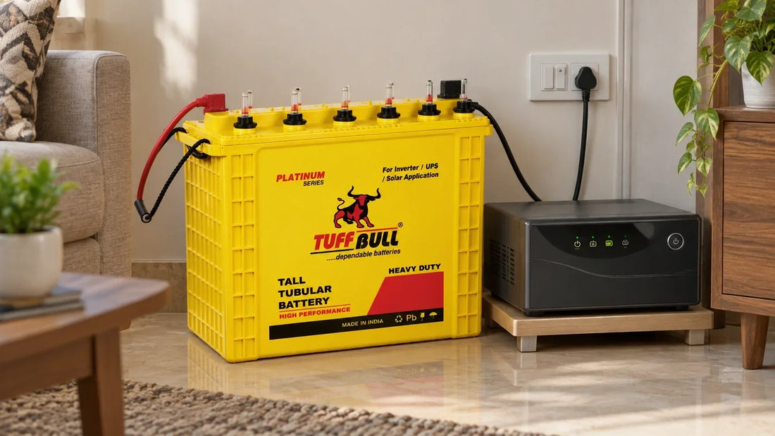 Tuff Bull tall tubular inverter battery connected to a home inverter in a modern living room