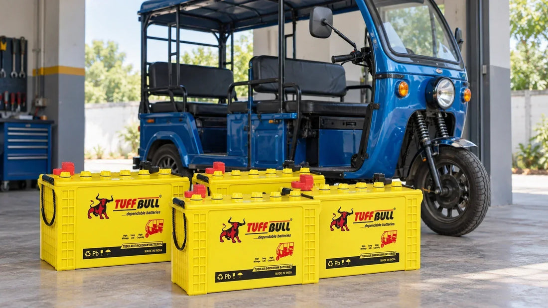 Four Tuff Bull e-rickshaw batteries displayed in front of a blue electric rickshaw inside a workshop.