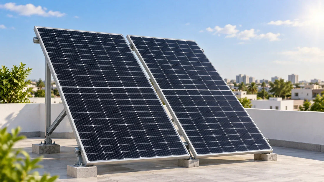 Rooftop solar panels installed on a residential building under a clear blue sky.