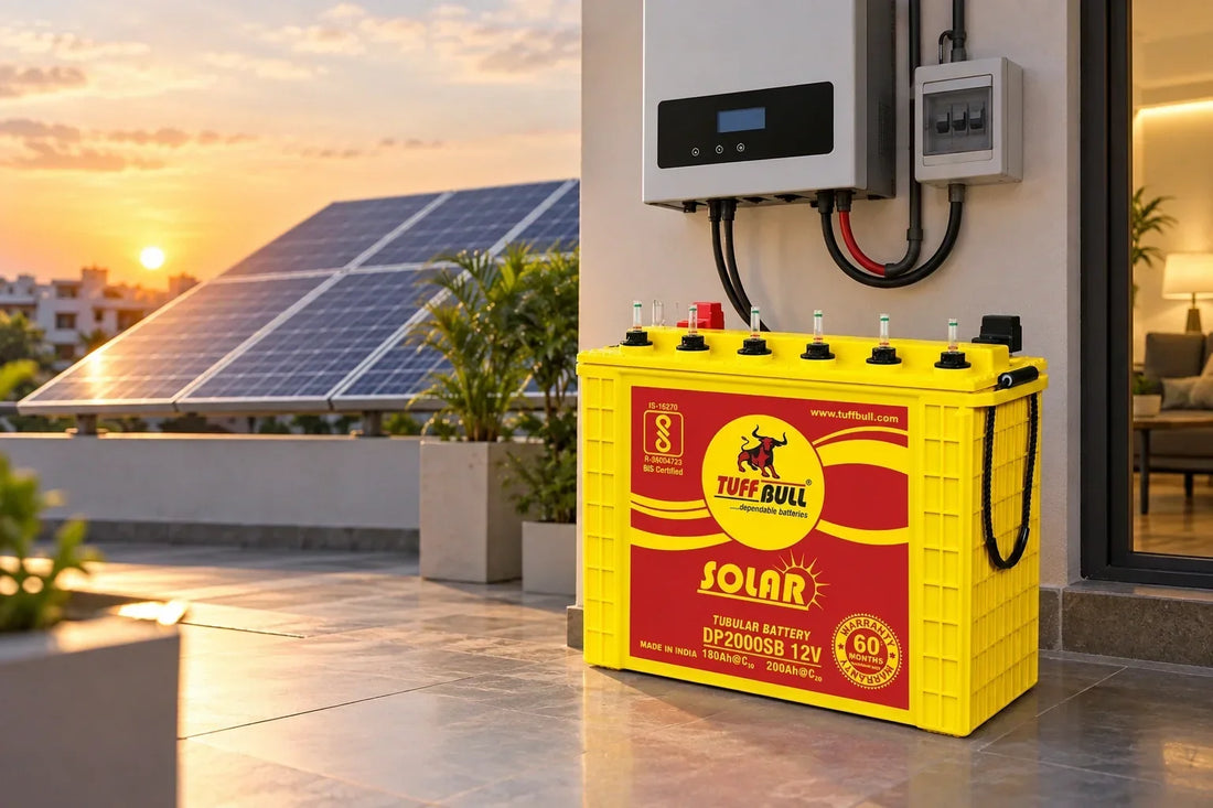 Tuff Bull solar tubular battery connected to a home solar inverter beside rooftop solar panels.