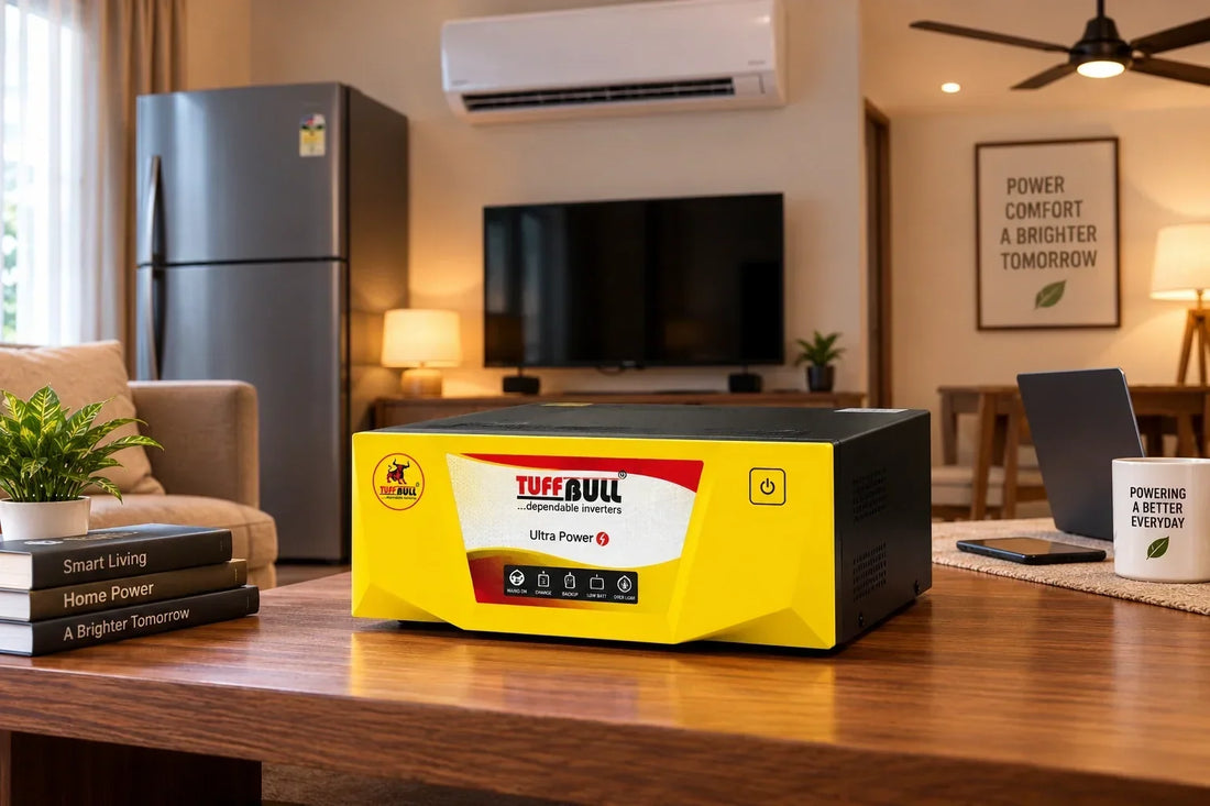 Tuff Bull home inverter displayed in a modern living room with household appliances for backup power.