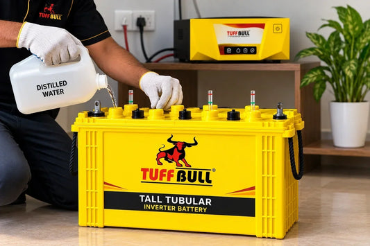 Technician topping up distilled water in a Tuff Bull tall tubular inverter battery at home.