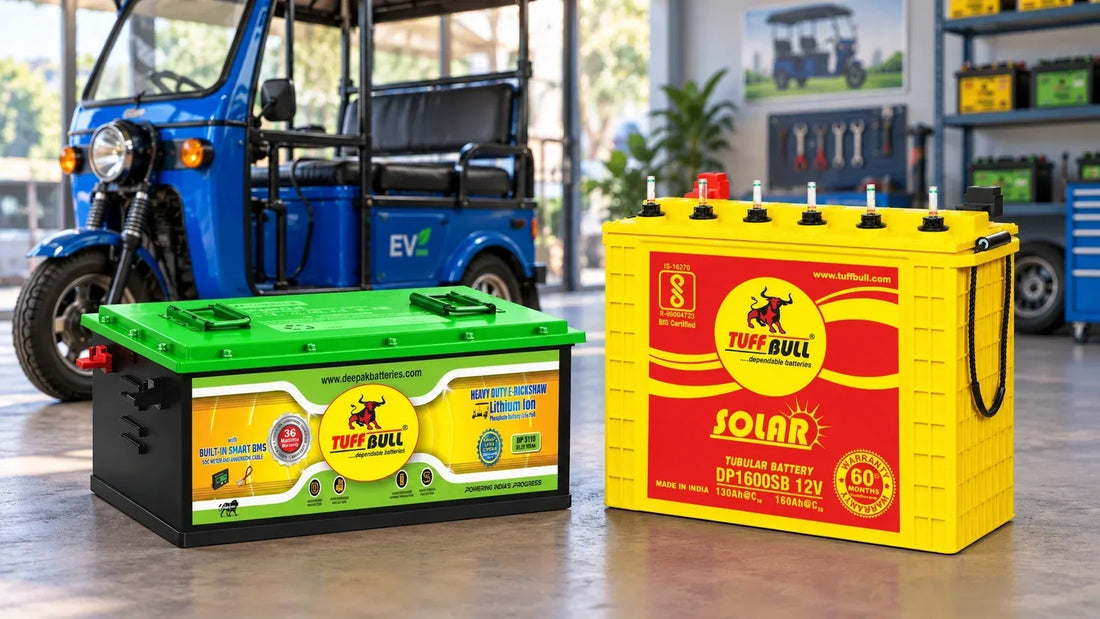 Tuff Bull lithium-ion and lead-acid e-rickshaw batteries displayed side by side with a blue electric rickshaw in a workshop.