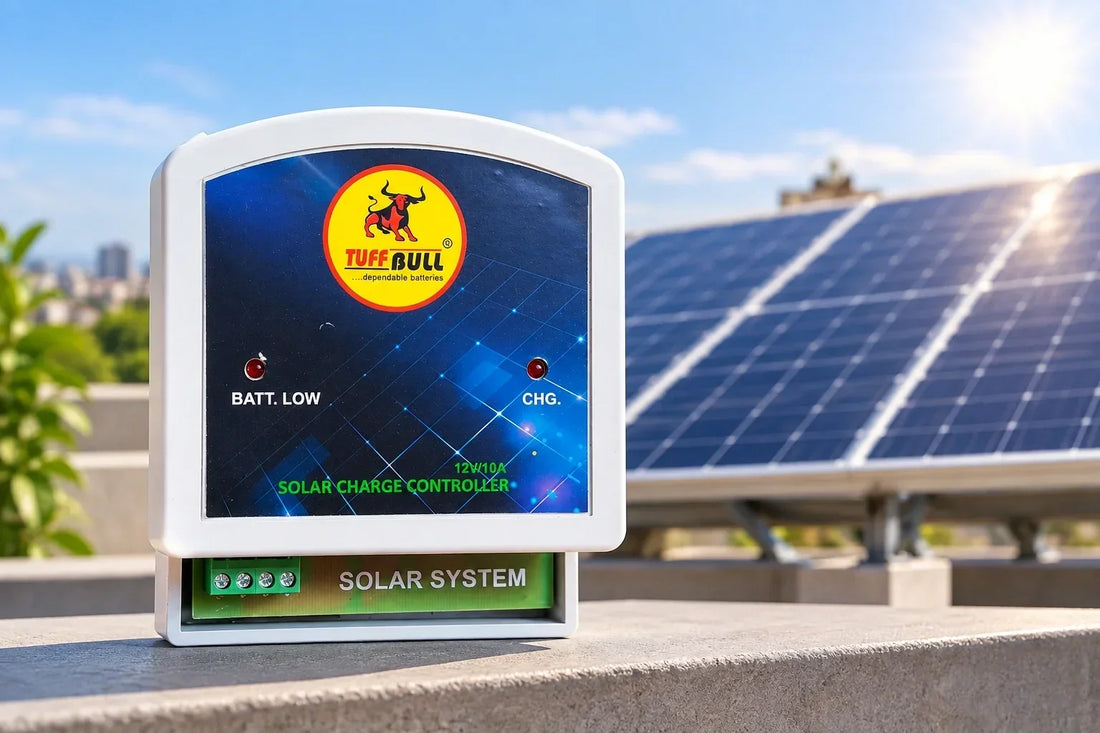 Tuff Bull solar charge controller displayed on a rooftop with solar panels in the background.
