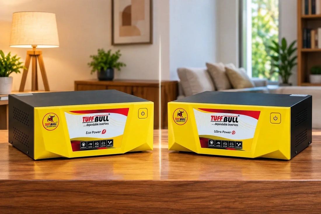 Tuff Bull Eco Power and Ultra Power inverters displayed side by side in a modern living room.