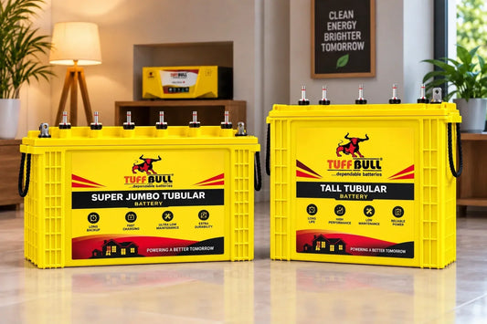 Tuff Bull Super Jumbo Tubular and Tall Tubular batteries displayed side by side in a modern indoor setting.