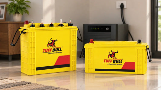 Tuff Bull tubular and flat plate inverter batteries displayed side by side in a modern home backup power setup.