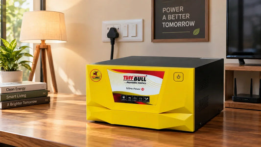 Tuff Bull home inverter placed on a wooden table in a modern living room for backup power.