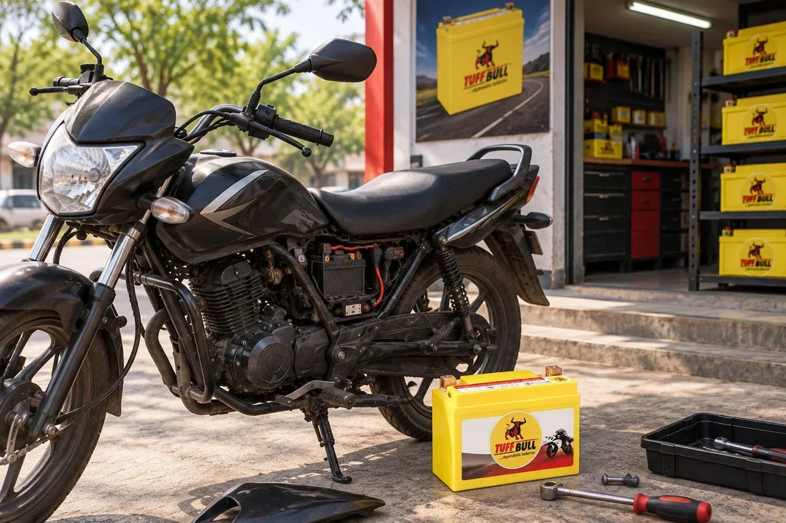 Tuff Bull two-wheeler battery beside a motorcycle outside a local battery shop with repair tools